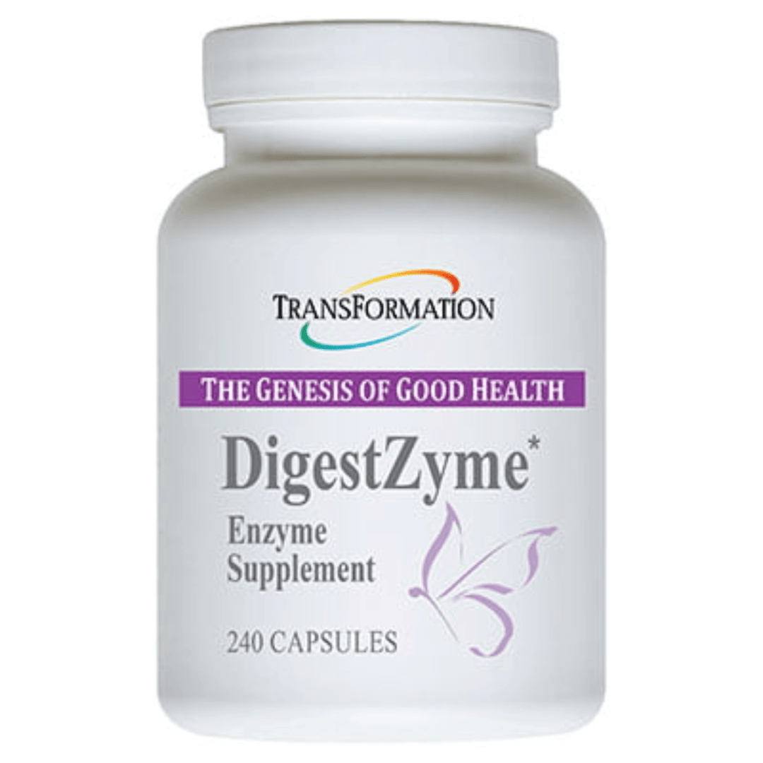 Transformation Enzymes DigestZyme and PureZyme capsules with Plantadophilus probiotic for digestive health support.