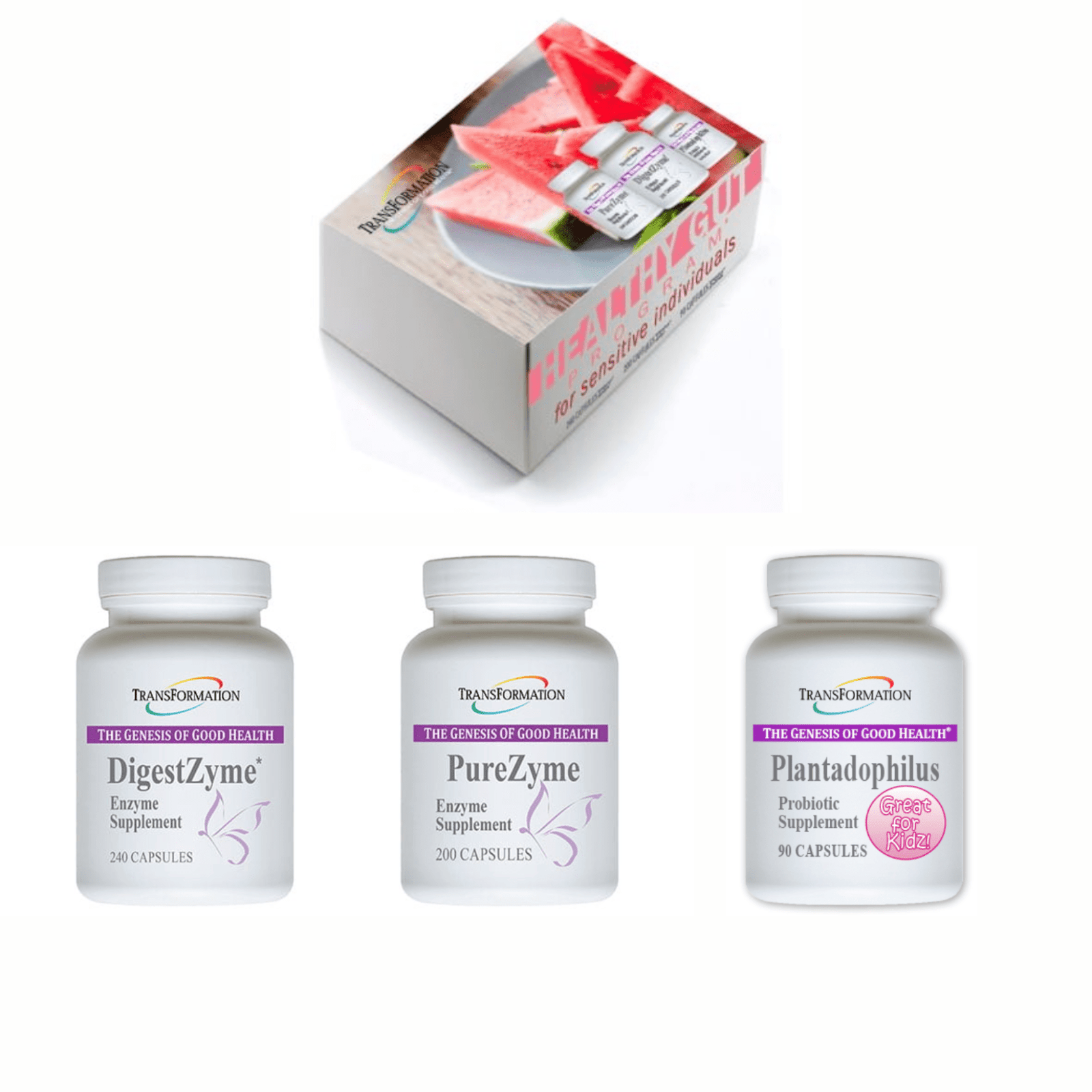 Transformation Enzymes DigestZyme and PureZyme capsules with Plantadophilus probiotic for digestive health support.