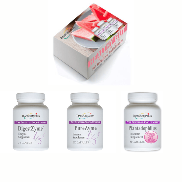 Transformation Enzymes DigestZyme and PureZyme capsules with Plantadophilus probiotic for digestive health support.