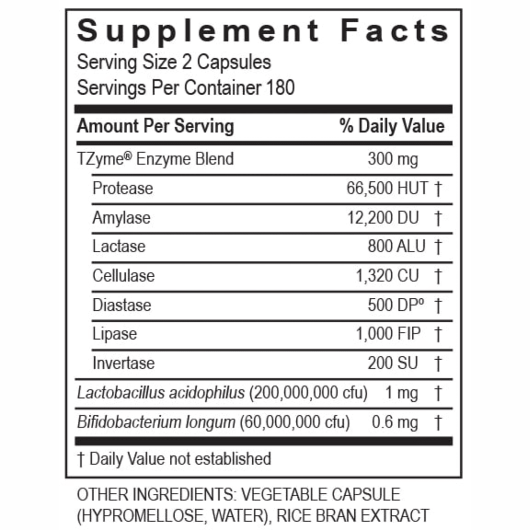 Bottle of Transformation Enzymes DigestZyme digestive enzyme capsules for digestive health support, shown in a clear container with label.