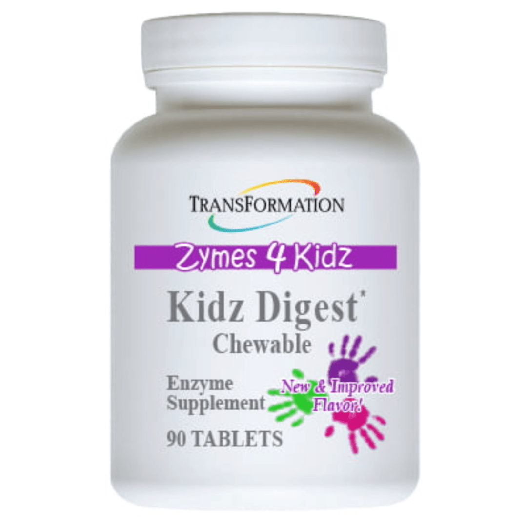 Transformation Enzymes Kidz Digest Chewable GI Enzymes bottle with 90 caps, designed to support children&