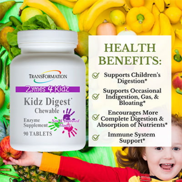 Transformation Enzymes Kidz Digest Chewable GI Enzymes for digestive health, shown in 90 chewable capsules.