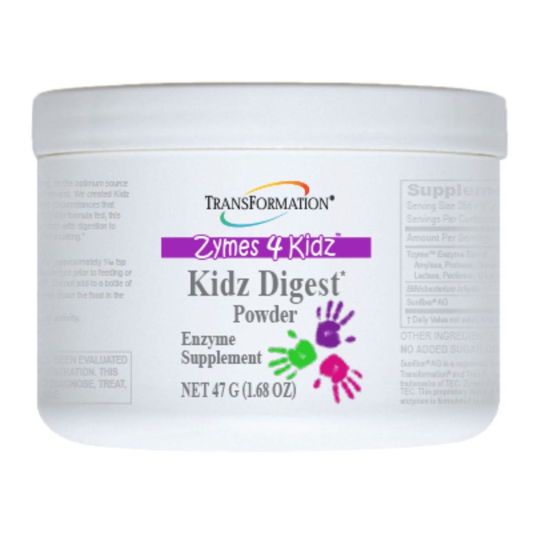 Transformation Enzymes Kidz Digest Powder and PureZyme digestive health support capsules, shown in bottles and powder form.