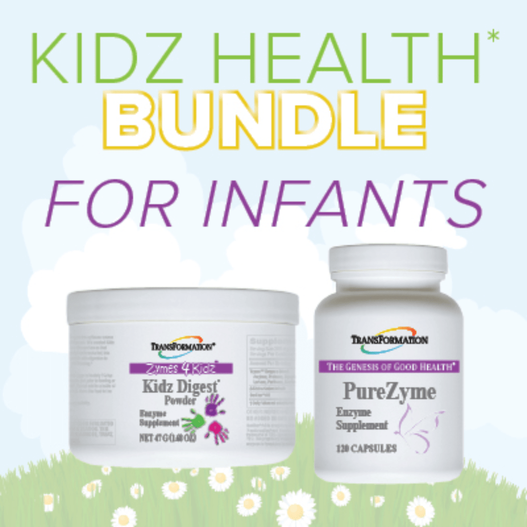 Transformation Enzymes Kidz Digest Powder and PureZyme digestive health support capsules, showing the product packaging and capsules.