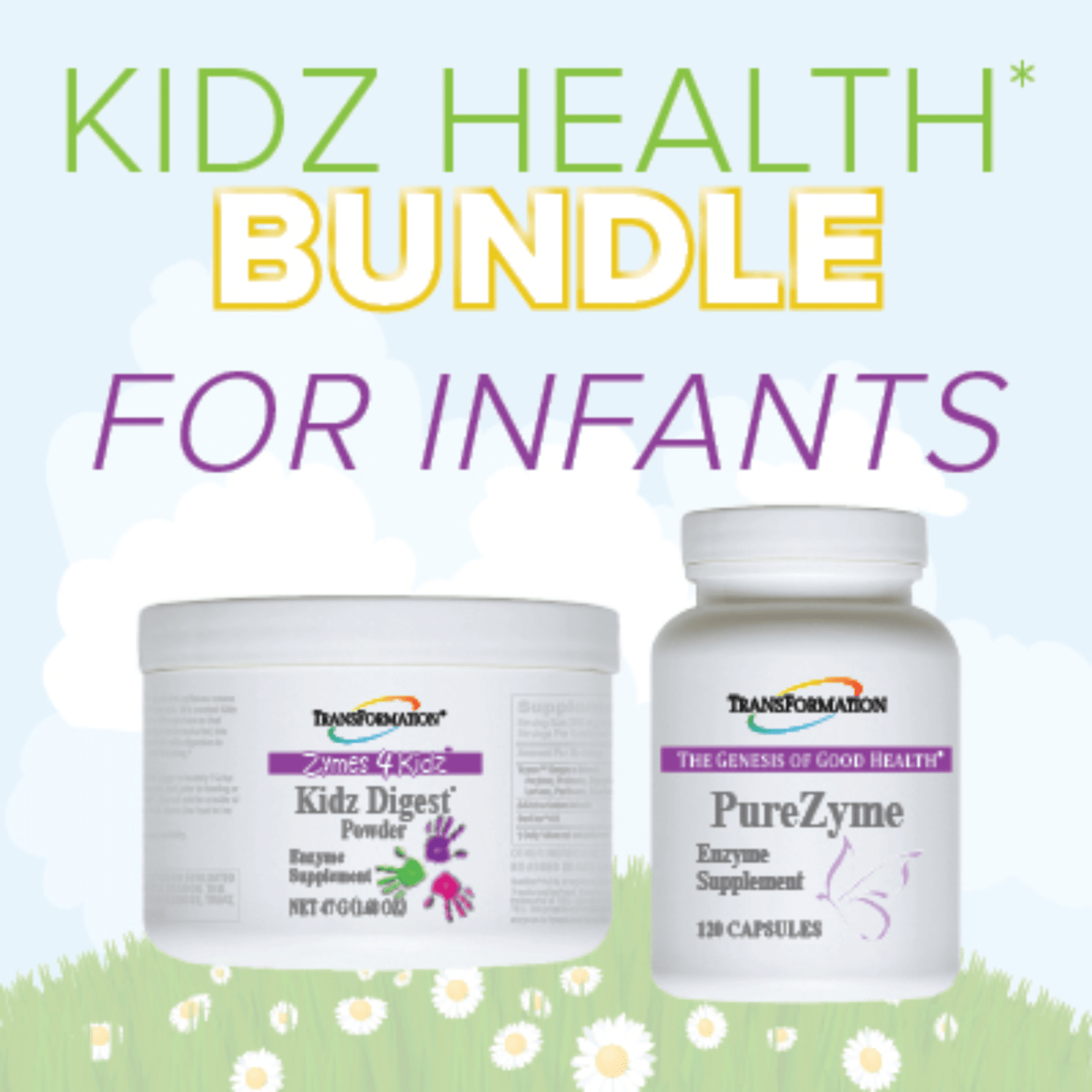Transformation Enzymes Kidz Digest Powder and PureZyme digestive health support capsules, showing the product packaging and capsules.