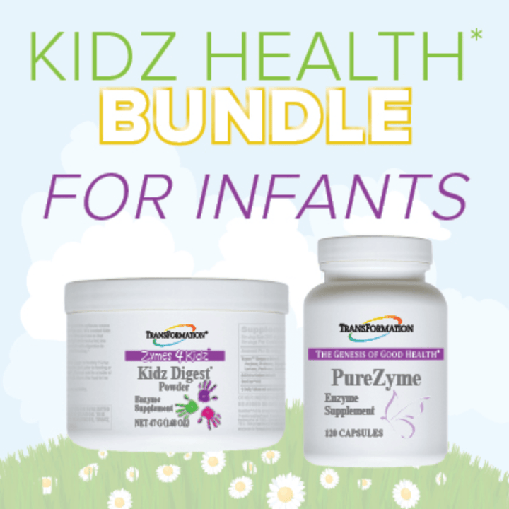 Transformation Enzymes Kidz Digest Powder and PureZyme digestive health support capsules, showing the product packaging and capsules.