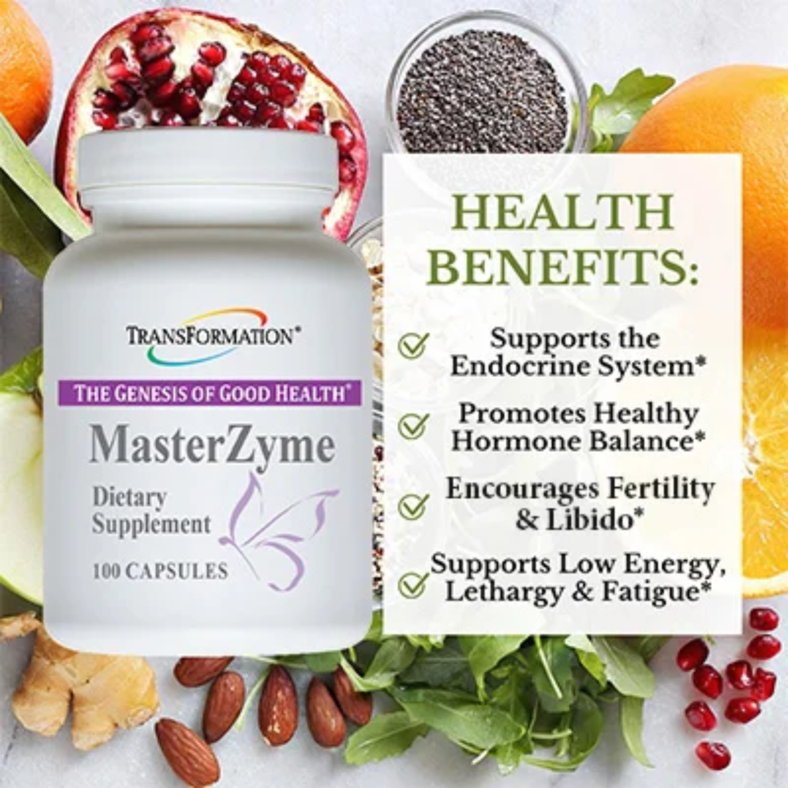 Transformation Enzymes MasterZyme hormone and endocrine support capsules for digestive health, shown in a bottle of 100 caps.