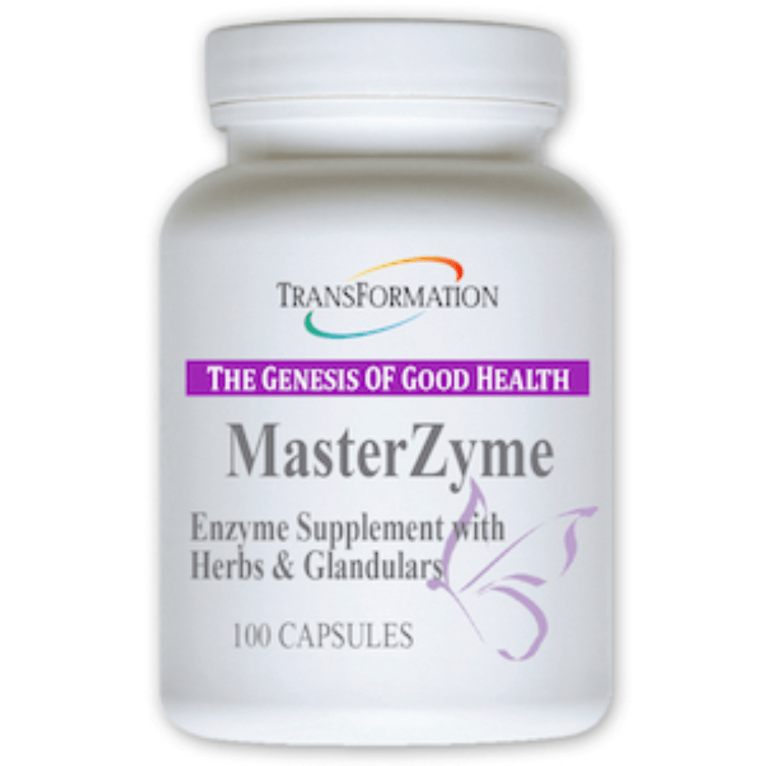 Transformation Enzymes MasterZyme hormonal and endocrine support supplement in a bottle of 100 capsules for digestive health.