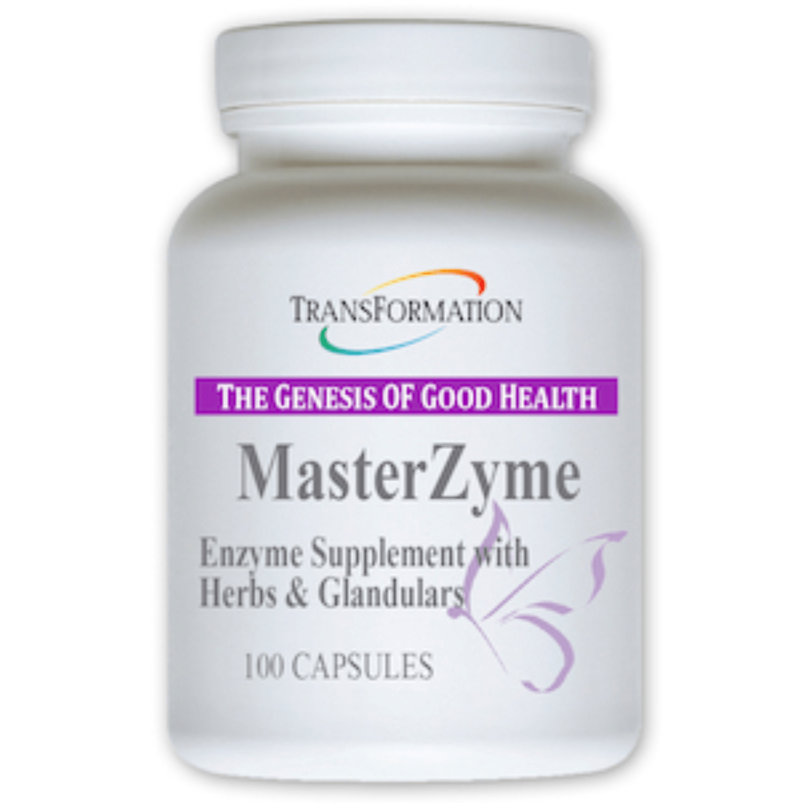 Transformation Enzymes MasterZyme hormonal and endocrine support supplement in a bottle of 100 capsules for digestive health.