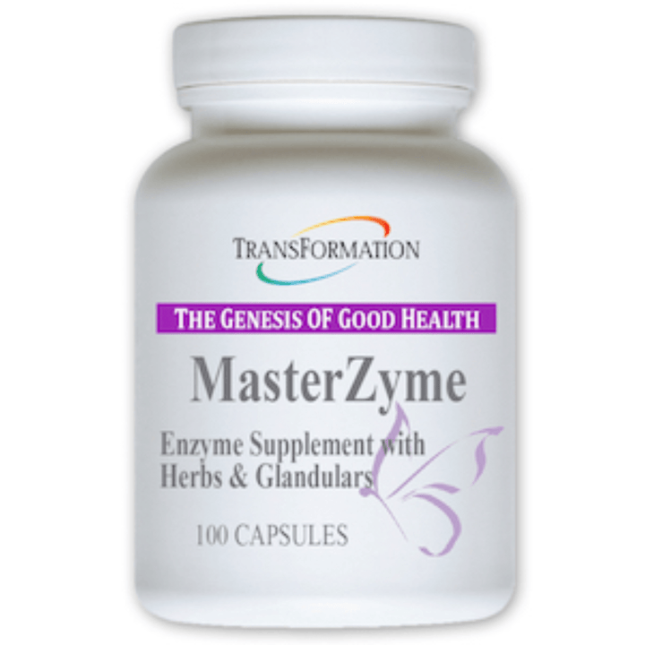 Transformation Enzymes MasterZyme hormonal and endocrine support supplement in a bottle of 100 capsules for digestive health.