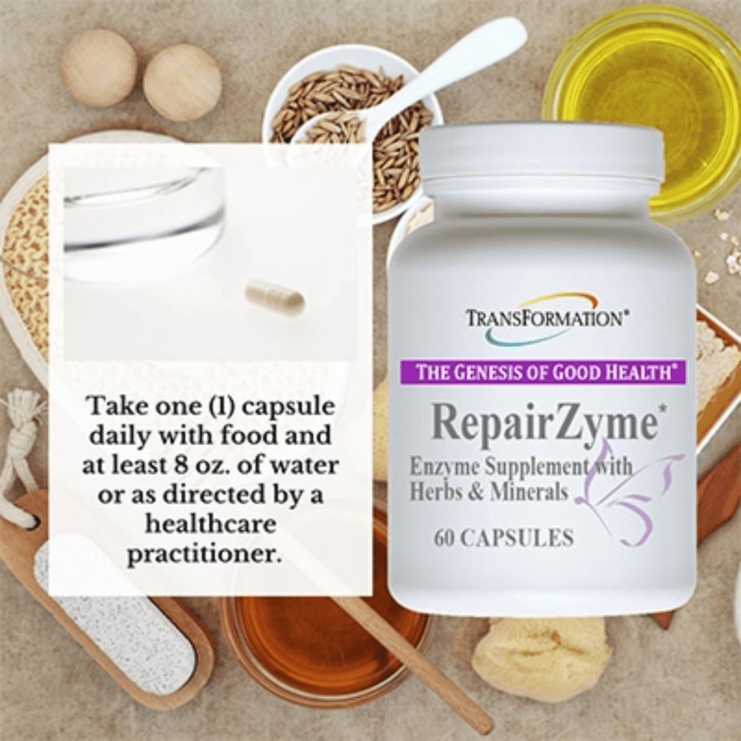 Transformation Enzymes RepairZyme muscle and joint support capsules for digestive health and joint comfort in a 60-cap bottle.
