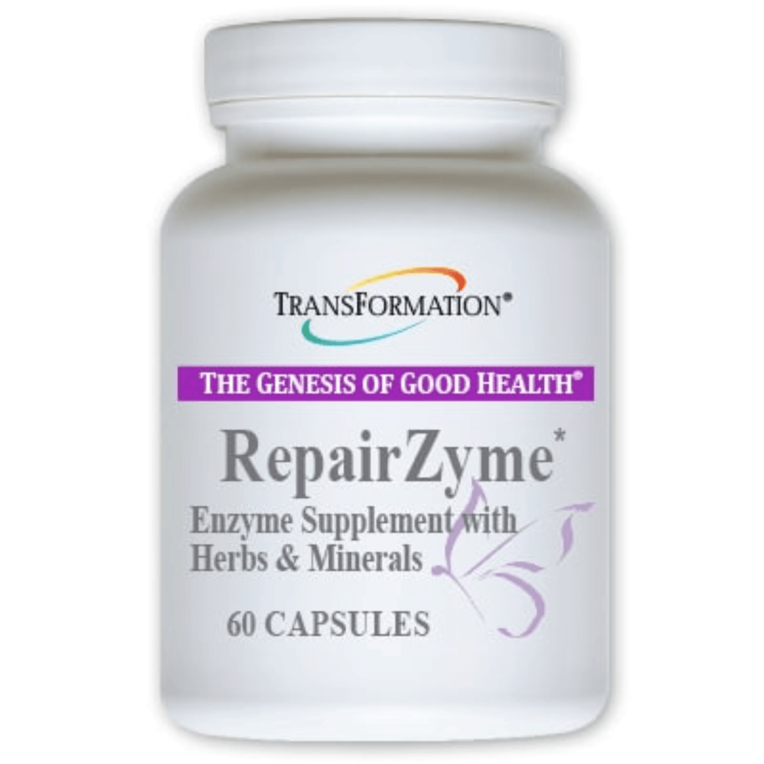 Transformation Enzymes RepairZyme muscle and joint support capsules, showing the supplement bottle with 60 caps for digestive and joint health.