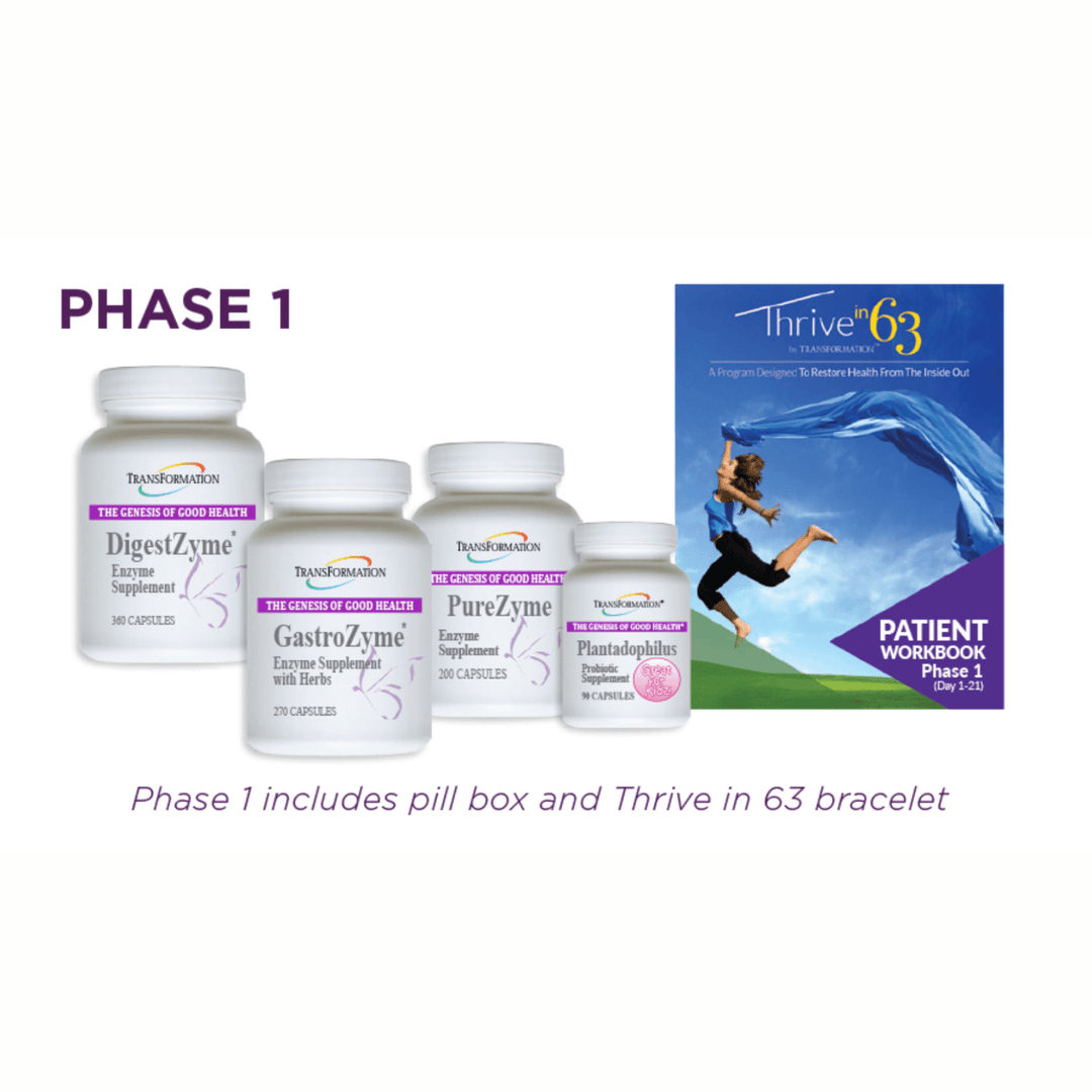 Transformation Enzymes Thrive 63 Phase 1 Kit for digestive health support, 21-day supply with enzyme supplement bottles.