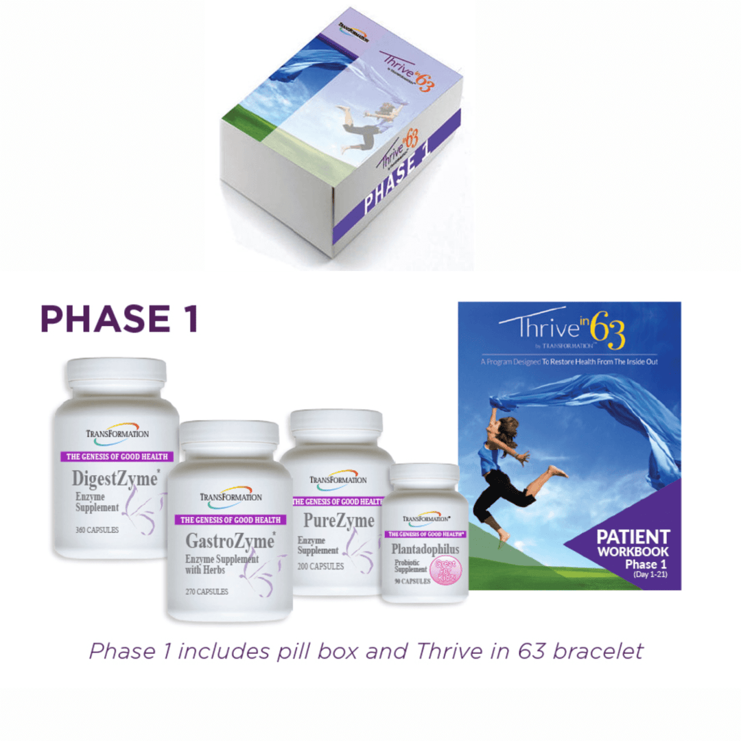 Transformation Enzymes Thrive Phase 1 Kit for digestive health support, showing supplement bottles and packaging for 21-day supply.