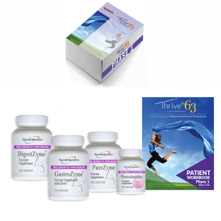 Transformation Enzymes Thrive 63 Phase 1 Kit for digestive health support, showing the supplement bottles and packaging.