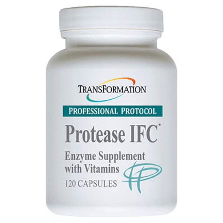 Transformation Enzymes Protease IFC Professional Protocol capsules showing the enzyme supplement bottle with label detail.