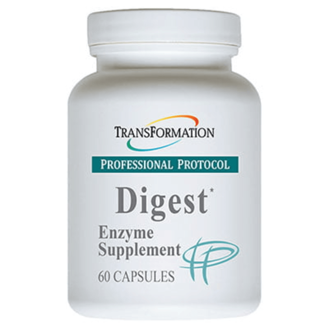 Transformation Enzymes Digest supplement in a bottle of 60 capsules promoting digestive efficiency and enzyme support.