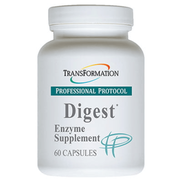 Transformation Enzymes Digest supplement in a bottle of 60 capsules promoting digestive efficiency and enzyme support.