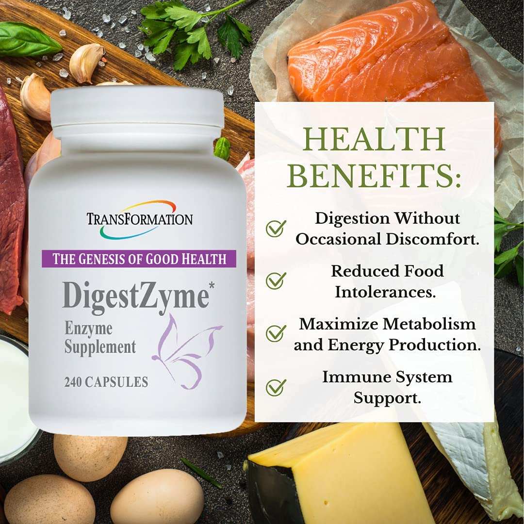 Transformation Enzymes DigestZyme digestive support enzyme supplement in a bottle of 360 capsules, promoting healthy digestion.