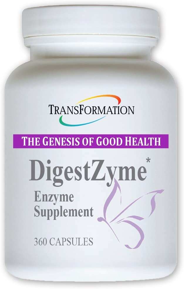 Transformation Enzymes DigestZyme digestive support supplement in a bottle of 360 capsules, enzyme supplement for digestive health.