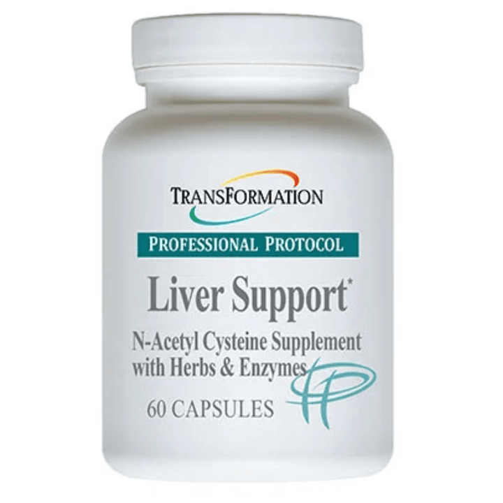 Transformation Enzymes Liver Support enzyme supplement in 60 capsules, designed to aid liver health and digestion.