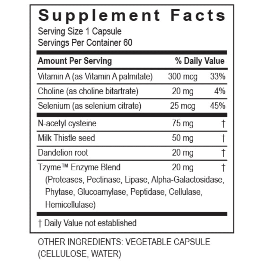 Transformation Enzymes Liver Support enzyme supplement in 60 capsules, designed to support liver health and digestion.