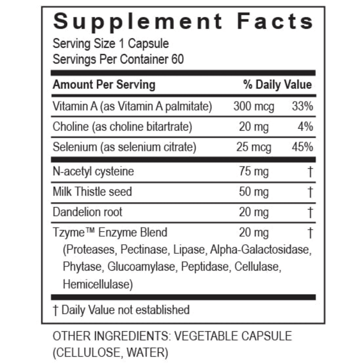 Transformation Enzymes Liver Support enzyme supplement in 60 capsules, designed to support liver health and digestion.