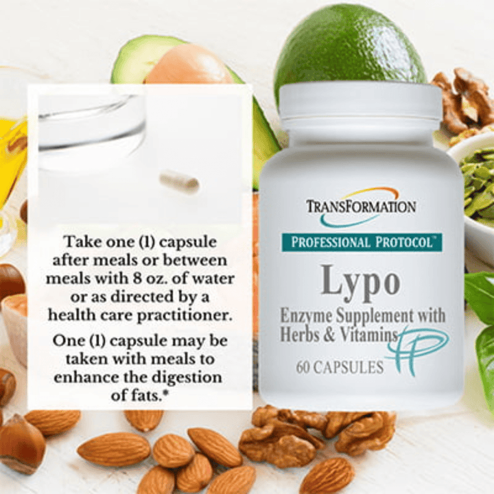 Transformation Enzymes Lypo Support metabolism balance enzyme supplement in 60 capsules, designed to aid digestion and metabolic health.
