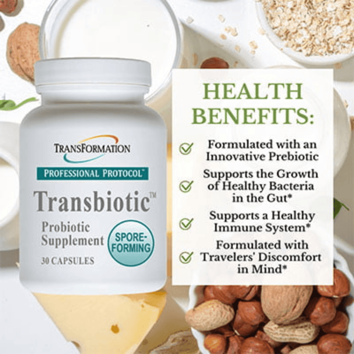 Transformation Enzymes Transbiotic probiotic supplement in 30 capsules supporting healthy gut health.