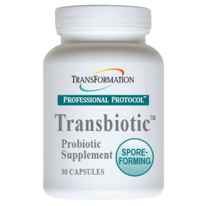 Transformation Enzymes Transbiotic probiotic supplement with 30 capsules supporting healthy gut health.