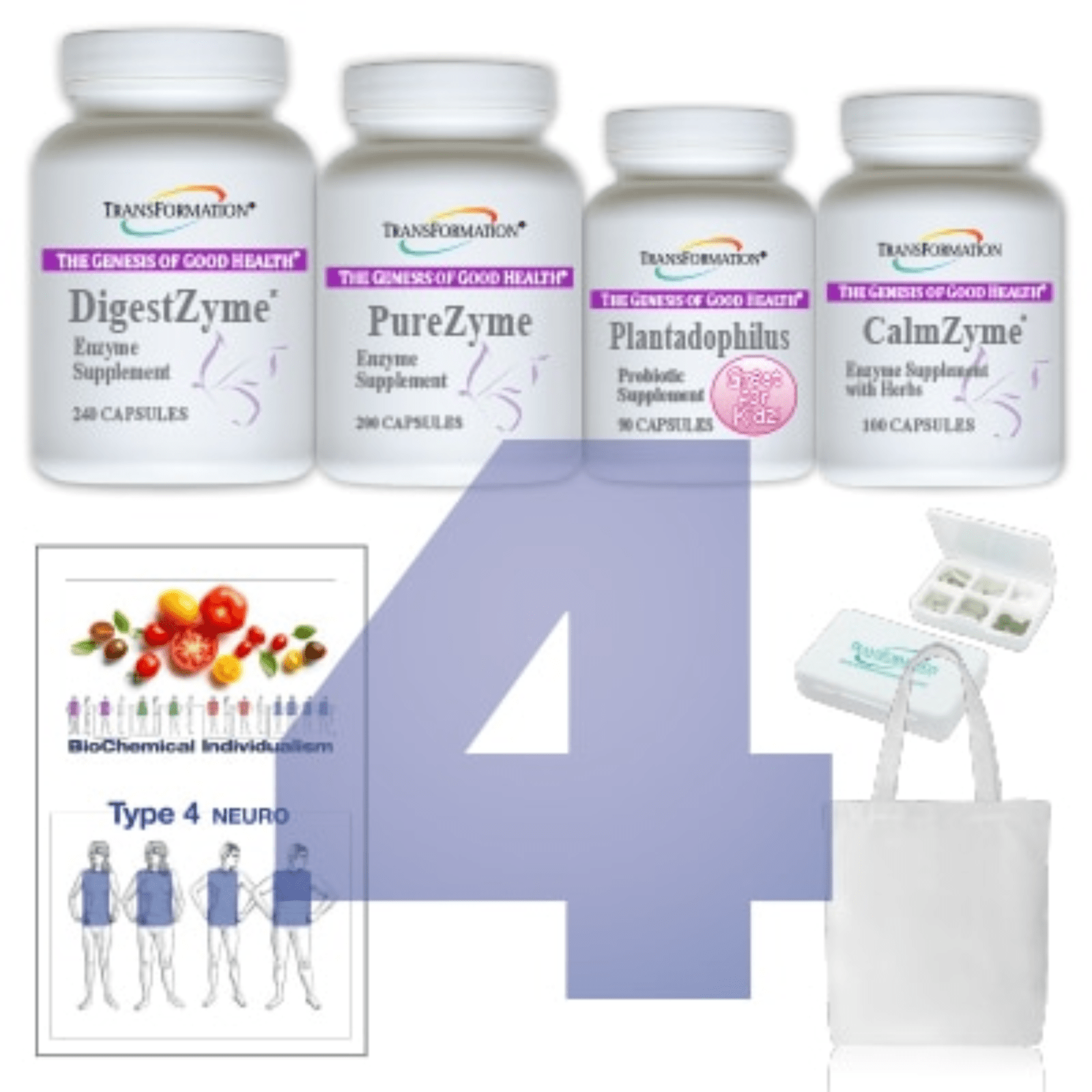 Transformation Enzymes supplement bundle with DigestZyme 240, PureZyme 200, Plantadophilus 90, and CalmZyme 100 capsules.