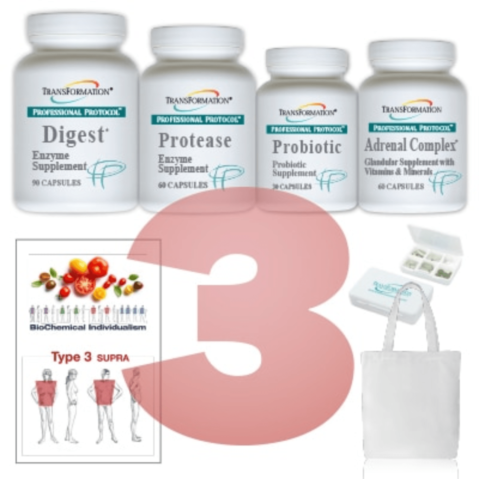 Transformation Enzymes supplement bundle with Digest 90 Protease, Probiotic 30, and Adrenal Complex 60 capsules in a blister pack.