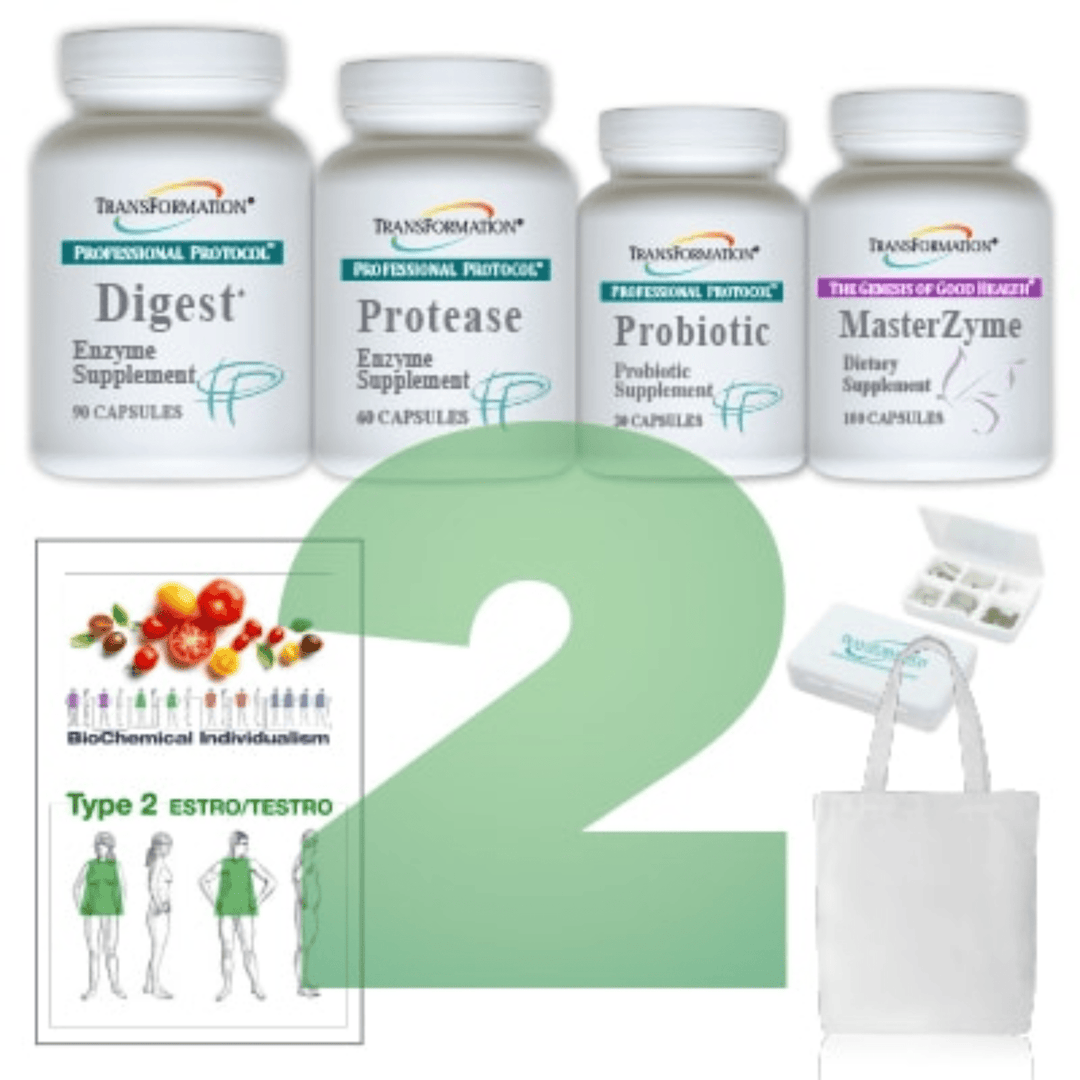 Transformation Enzymes supplement bundle including Digest 90 Protease, Probiotic 60, and MasterZyme 100 capsules on white background.