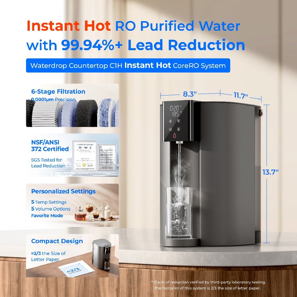 Waterdrop C1H 6-stage reverse osmosis system with instant hot water, featuring 5 temperature options and core filtration.