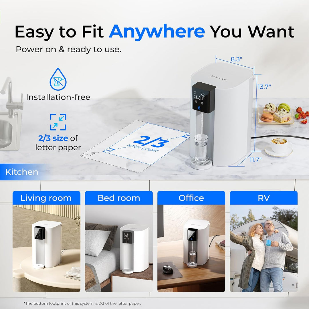 Waterdrop C1SL alkaline countertop reverse osmosis water filter system installed on a kitchen counter with clear filter components.