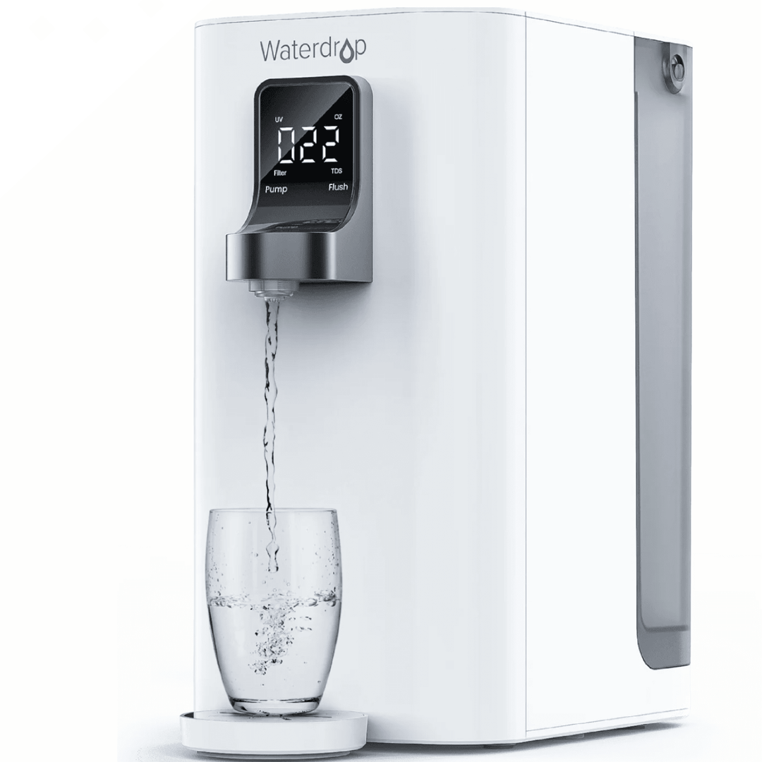 Waterdrop countertop reverse osmosis water filter system with space-saving design, featuring filtration tank and faucet for clean drinking water.
