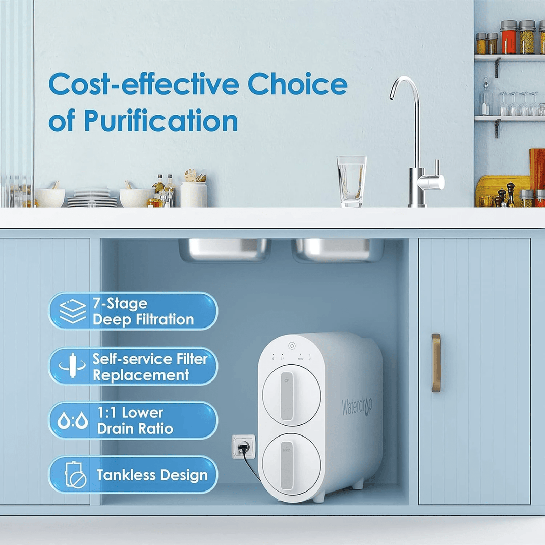 Waterdrop G Series Tankless Reverse Osmosis System G2 400 GPD for home kitchen use, with sleek design and filtration components.