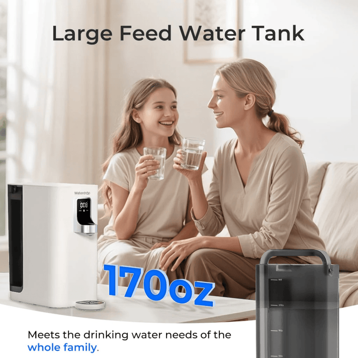 Waterdrop K19-H countertop reverse osmosis water filter system with instant hot water dispenser and sleek design.