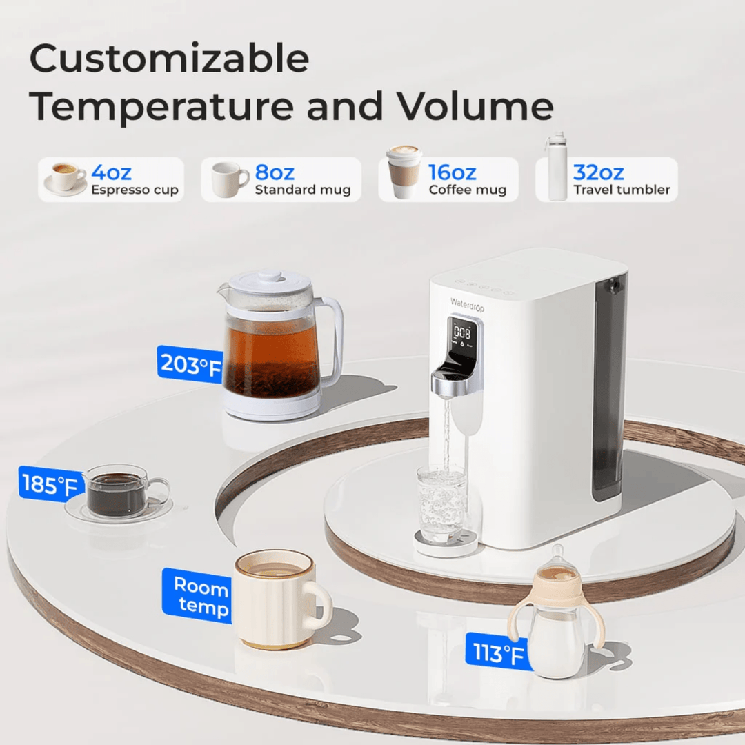Waterdrop K19-H instant hot countertop reverse osmosis water filter system with sleek design and multiple filters visible.