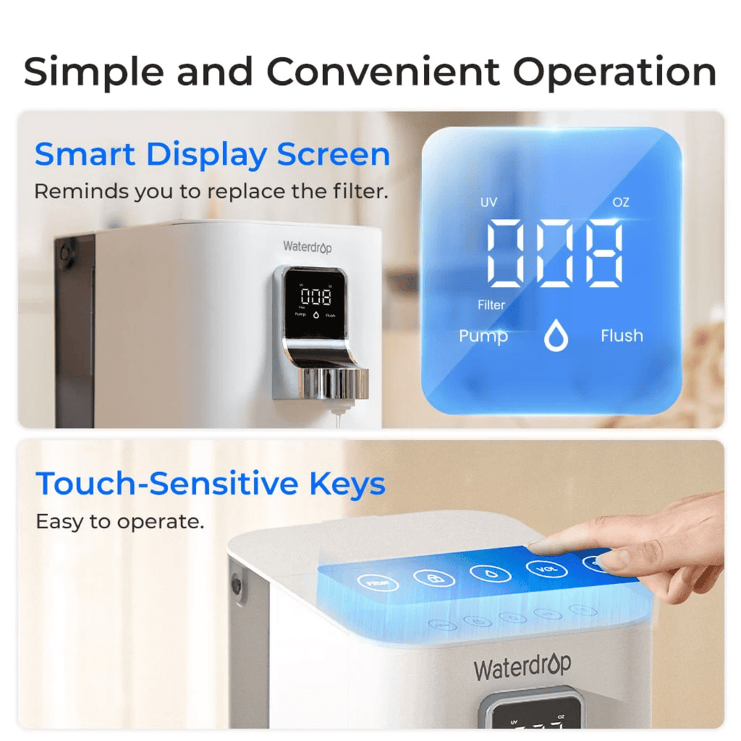 Waterdrop K19-H Instant Hot Countertop Reverse Osmosis System with filter cartridges and control panel visible.