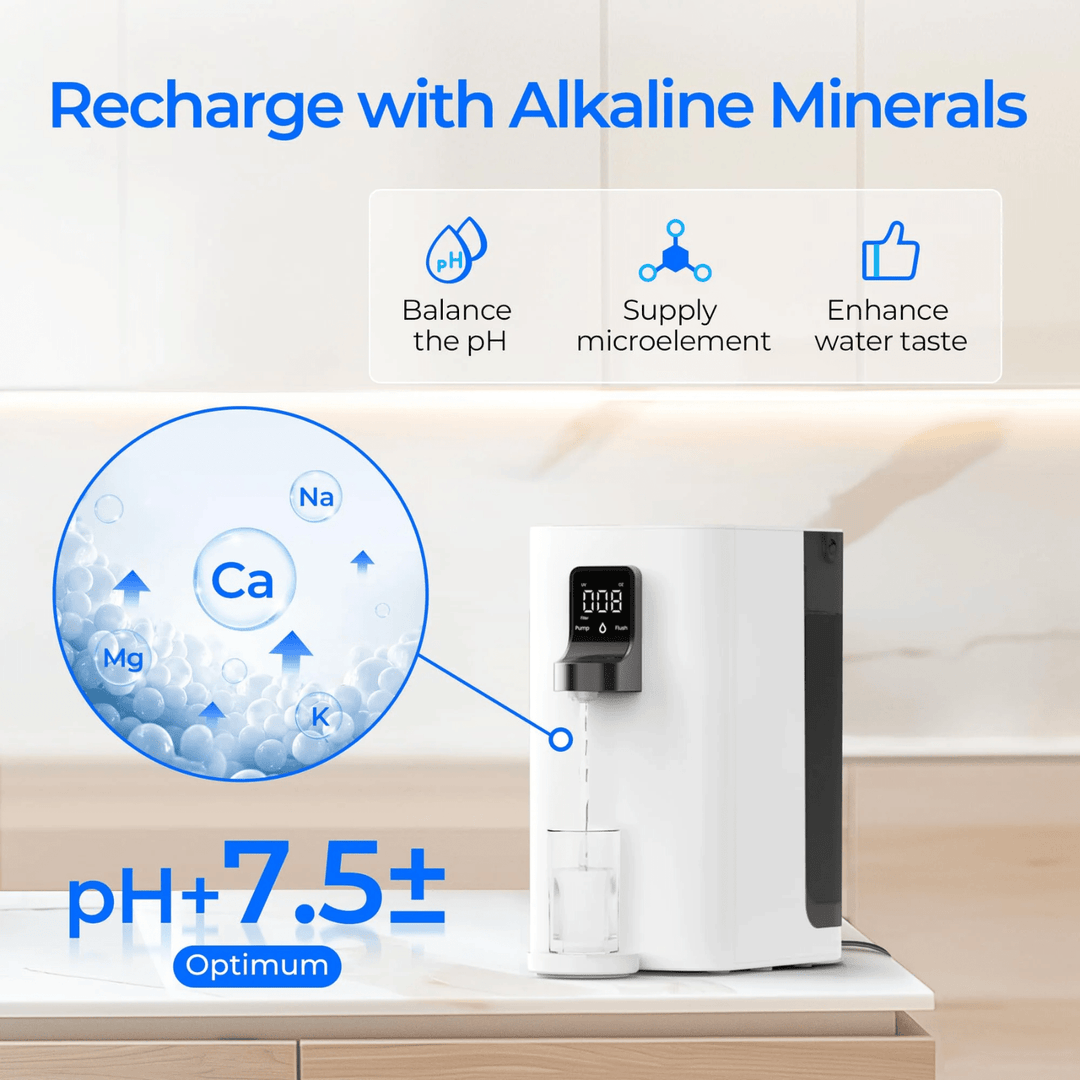 Waterdrop K19-SFK countertop reverse osmosis water filter system with alkaline filtration, shown on a kitchen countertop.