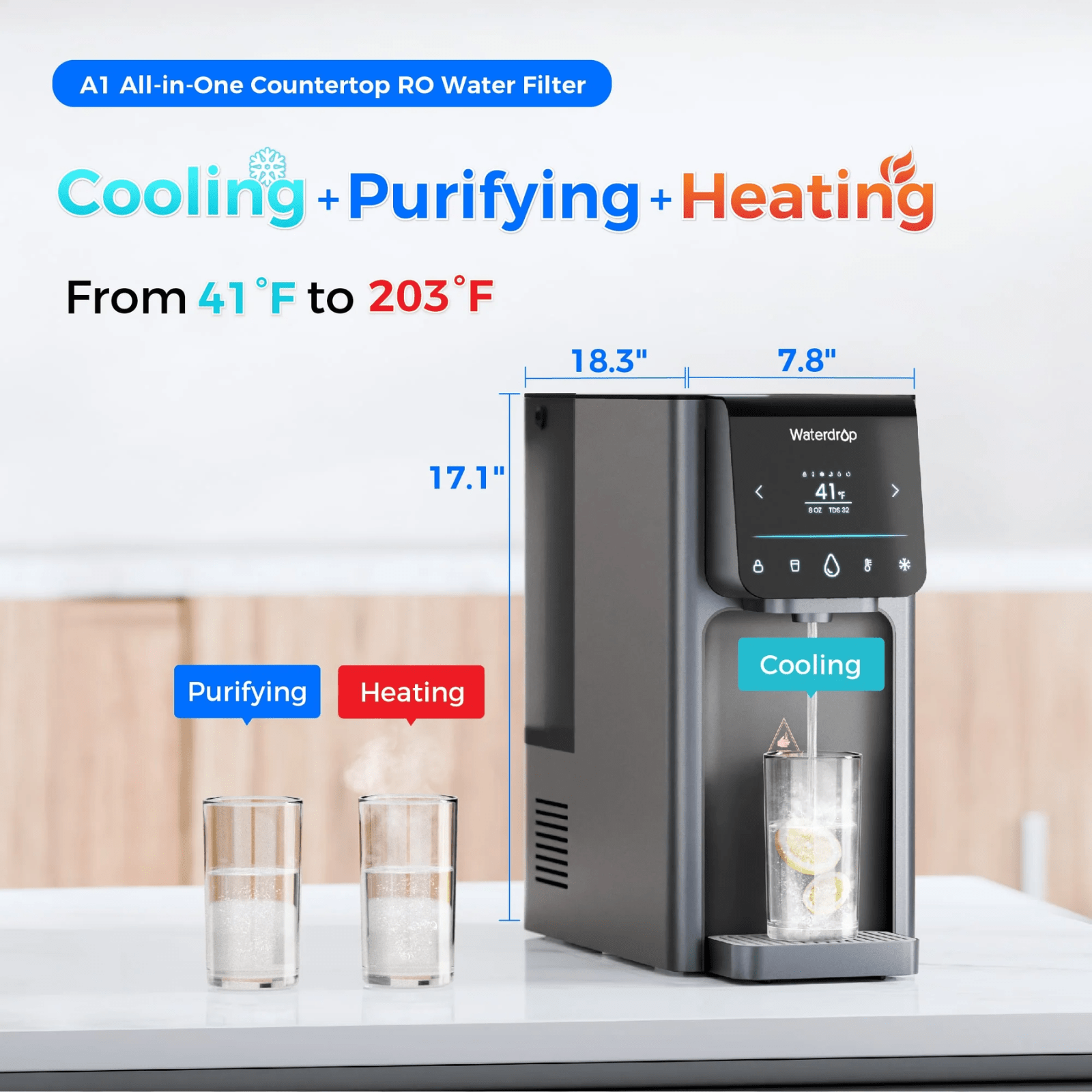 Waterdrop A1 reverse osmosis water dispenser with hot and cold purification system showing the sleek dispenser unit.