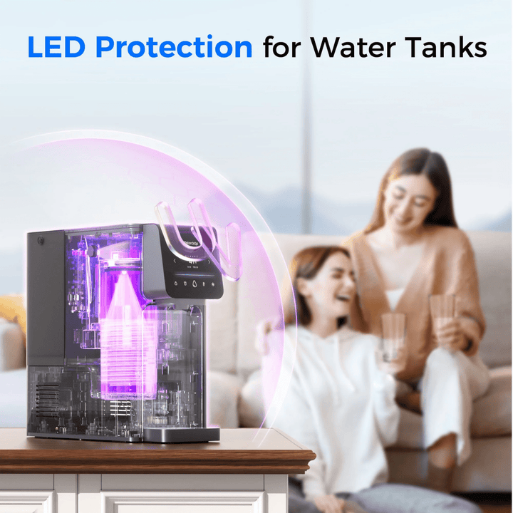 Waterdrop A1 reverse osmosis water dispenser with hot and cold water purification system, featuring sleek design and dual faucets.