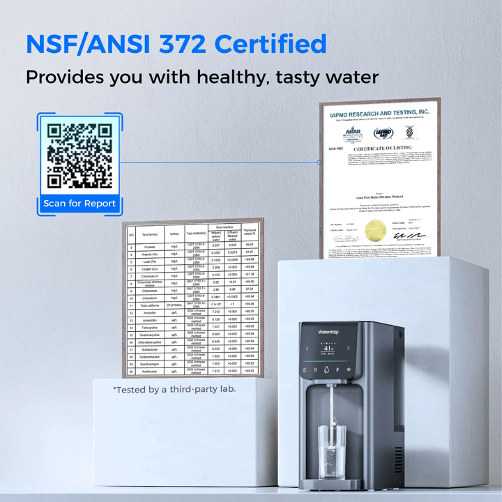 Waterdrop A1 reverse osmosis water dispenser with hot and cold purification system, modern design and filtration components.