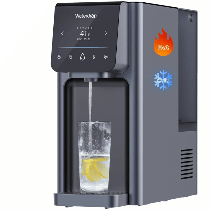 Waterdrop Reverse Osmosis Water Dispenser A1 with hot and cold purification system, sleek design and multiple faucet options.