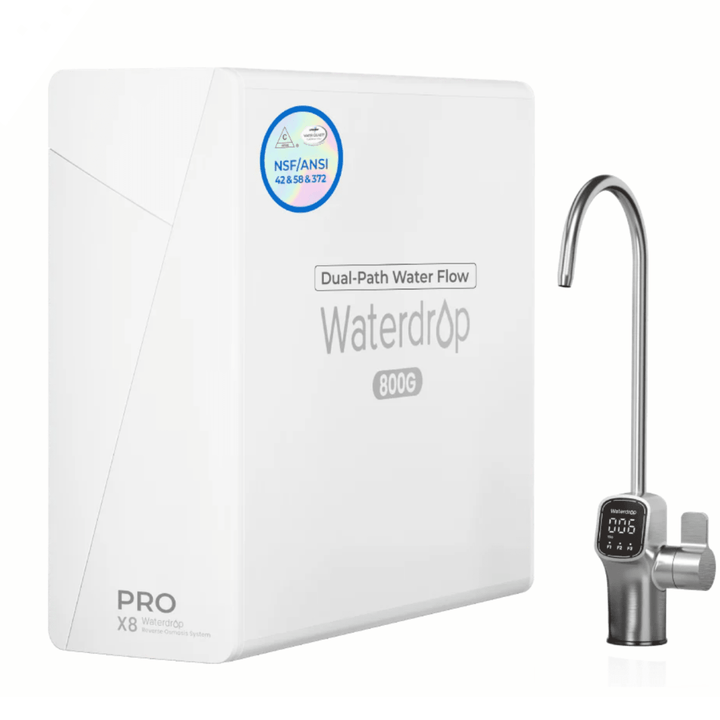 Waterdrop X Series Dual Flow Reverse Osmosis System 800GPD tankless filter with sleek design and multiple filtration components.
