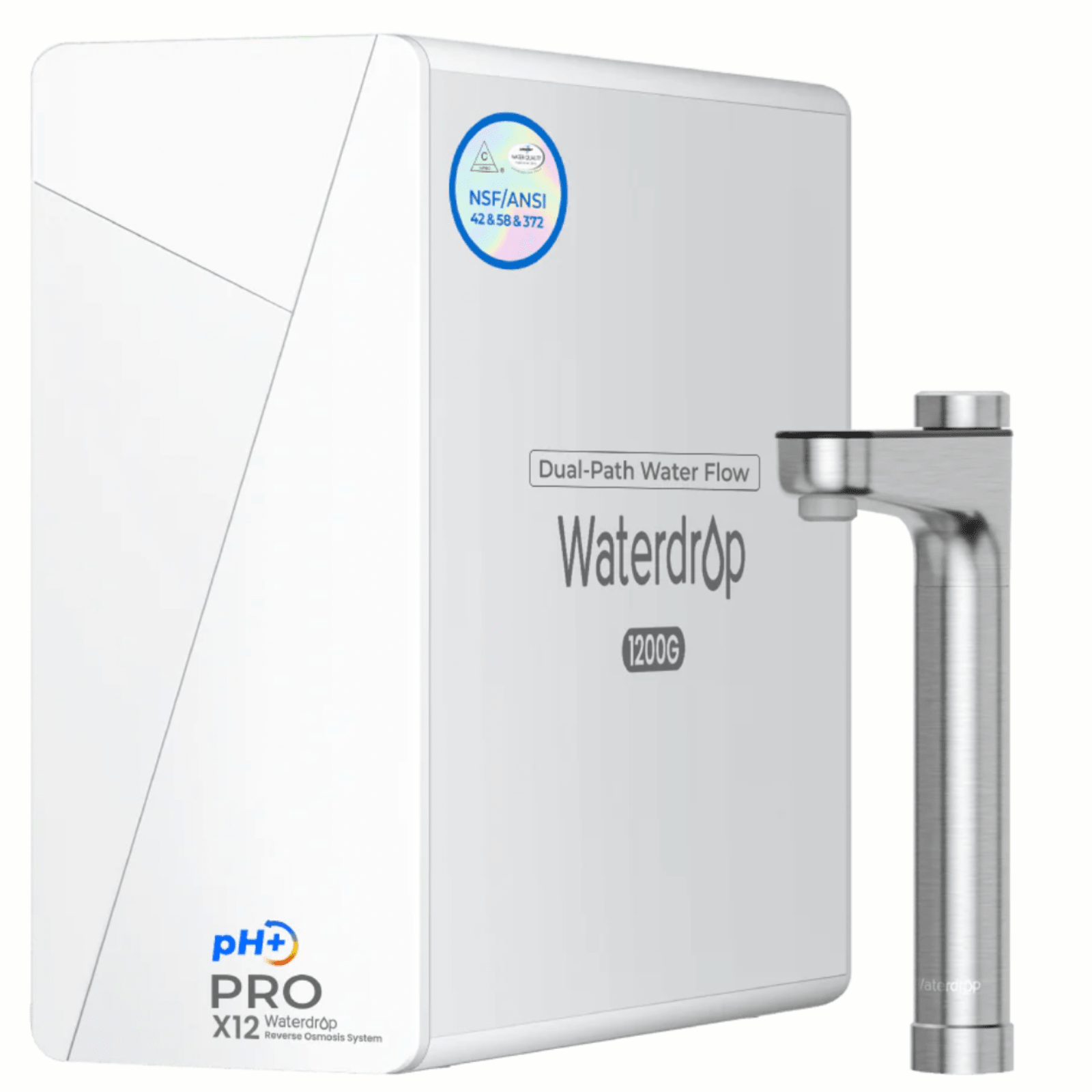 Waterdrop X Series X12-PRO dual flow reverse osmosis system water filter unit installed under a kitchen sink.