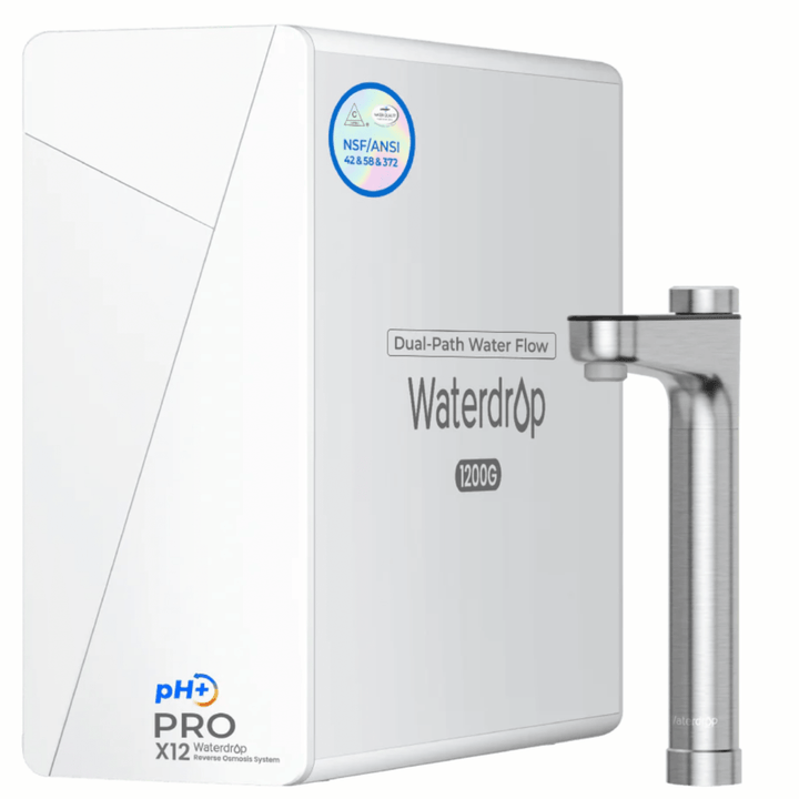 Waterdrop X Series X12-PRO dual flow reverse osmosis system water filter unit installed under a kitchen sink.