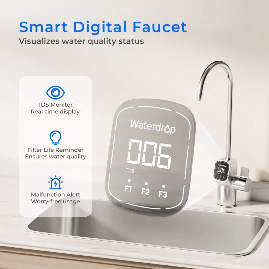 Waterdrop X Series Reverse Osmosis System Flow Tankless under-sink filter installed with clear tubing and filtration components visible.