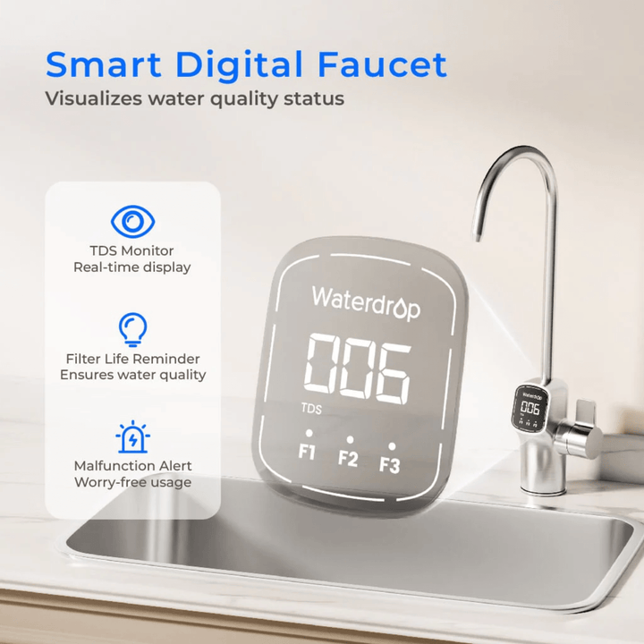 Waterdrop X Series Reverse Osmosis System Flow Tankless under-sink filter installed with clear tubing and filtration components visible.